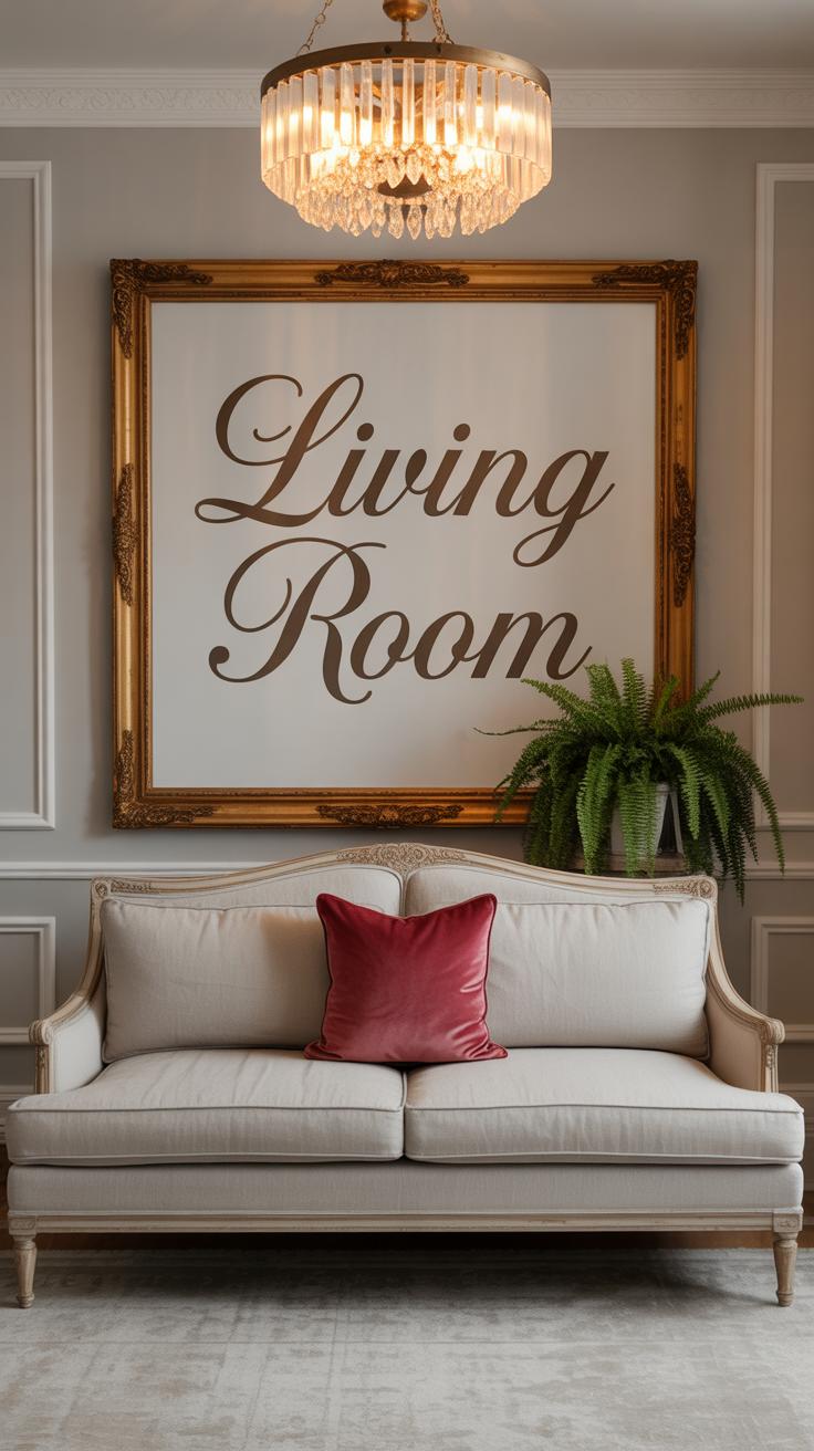 A beige sofa with a red pillow sits below a large framed sign reading Living Room in elegant script. A green potted fern is on the right side, and a chandelier hangs above in a sophisticated, neutral-toned space.