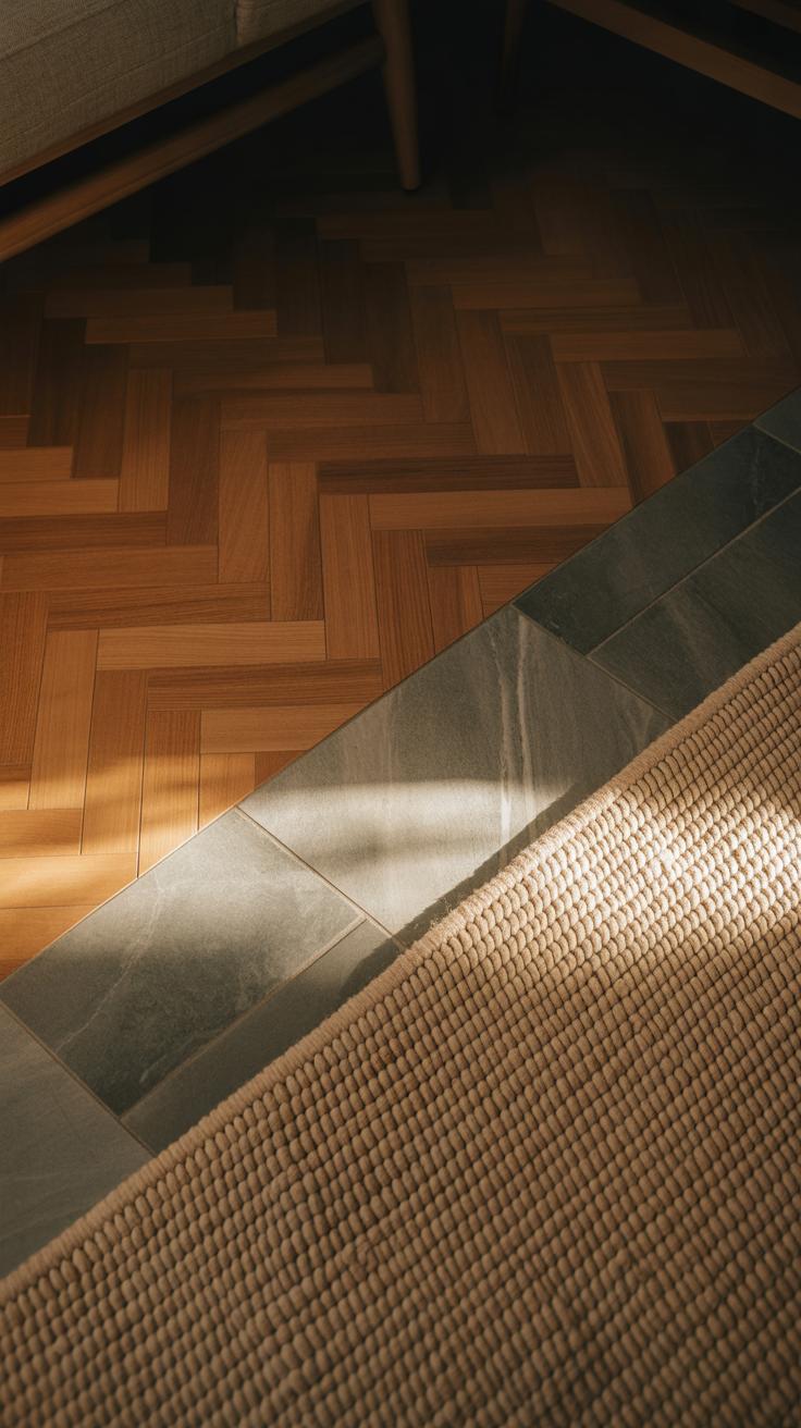A close-up of a living space floor showing three surfaces: textured beige rug, gray stone tiles, and herringbone-patterned wooden flooring, with sunlight casting a soft glow across them.