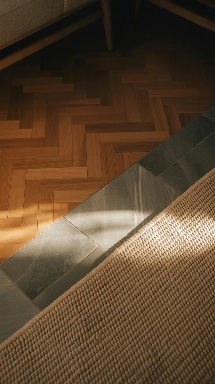 A close-up of a living space floor showing three surfaces: textured beige rug, gray stone tiles, and herringbone-patterned wooden flooring, with sunlight casting a soft glow across them.