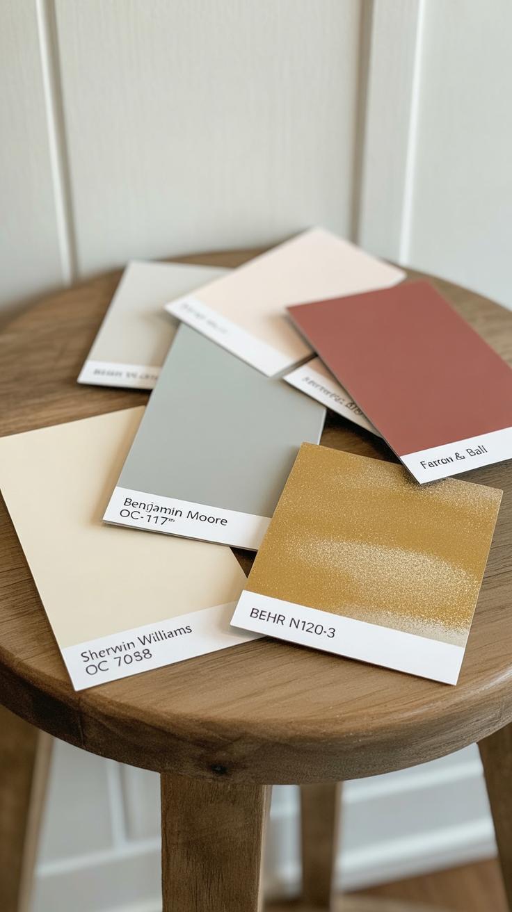 Six paint color sample cards in shades of cream, gray, pink, terracotta, gold, and beige are spread out on a round wooden stool against a white paneled wall. Brand names and codes are visible on each card.