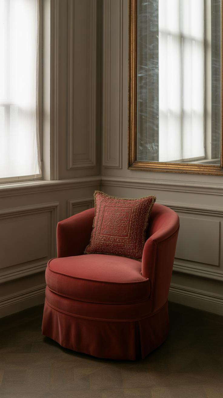 A plush, round, red armchair with a decorative cushion sits in the corner of an elegant room with white paneled walls, large windows with sheer curtains, and a tall framed mirror.