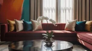 A plush burgundy sectional sofa with an array of throw pillows in gold, teal, and cream sits in a modern living room, with a dark round coffee table a