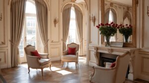 Elegant room with ornate gold-trimmed walls, large windows with drapes, classic armchairs with red cushions, and a mantel with a vase of red roses and a Welcome sign. Natural light fills the space.