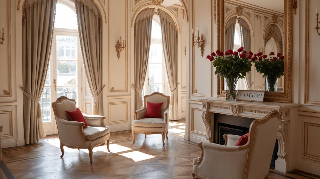 Elegant room with ornate gold-trimmed walls, large windows with drapes, classic armchairs with red cushions, and a mantel with a vase of red roses and a Welcome sign. Natural light fills the space.