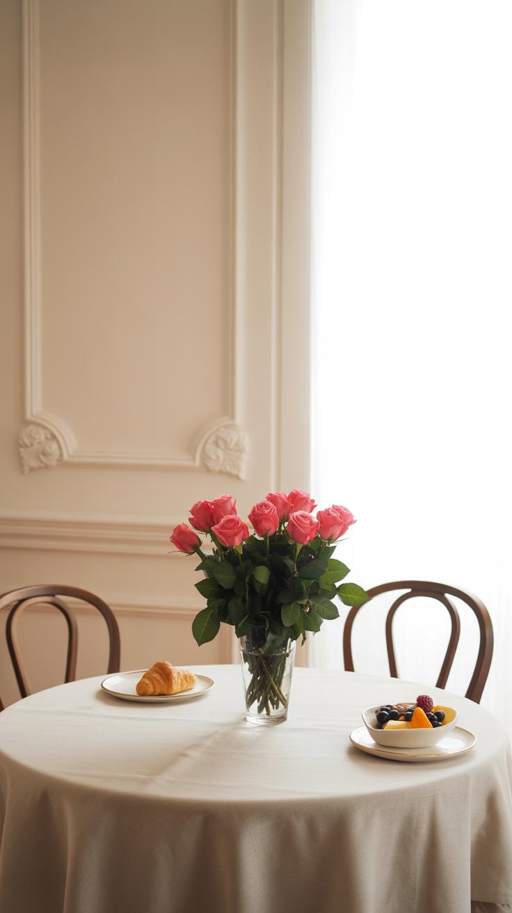 A round table with a white tablecloth holds a vase of pink roses, a plate with a croissant, and a plate with fruit. Two wooden chairs sit on either side; light pours in from a large window next to the table.