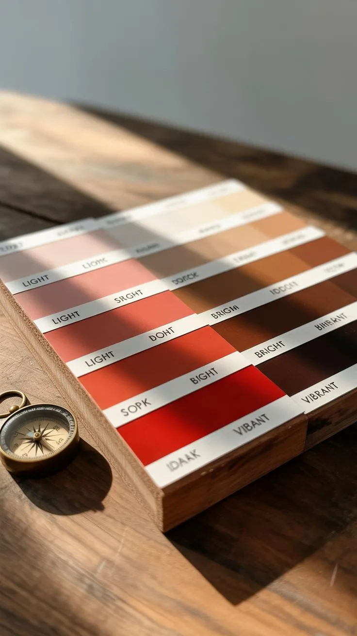 A wooden palette displays rows of rectangular color swatches in varying shades of white, pink, red, and brown, with a small brass compass lying to the