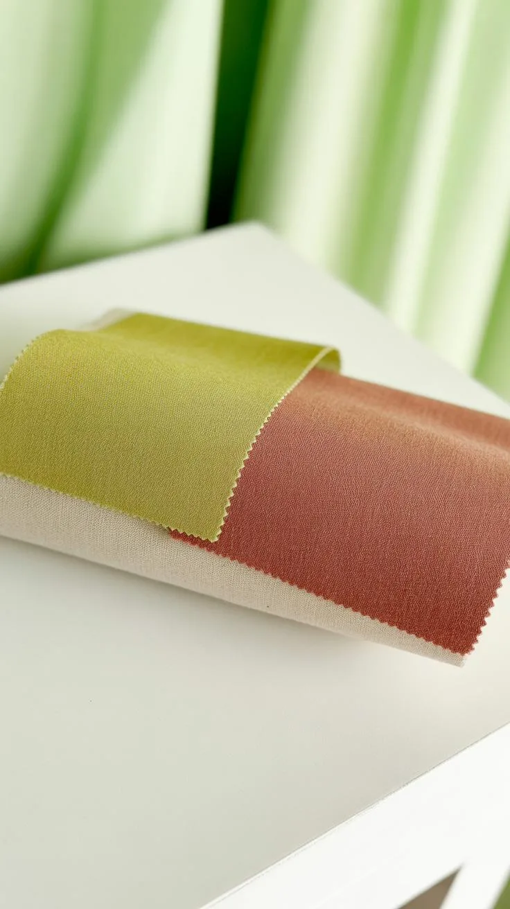 Two swatches of textured fabric, one lime green and one reddish-brown, lie diagonally on a white surface, with a blurred light green background.