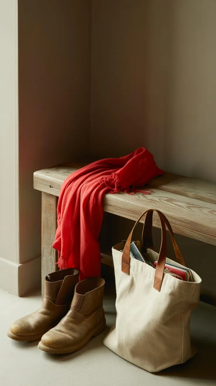 A narrow, light beige hallway features a rustic wooden bench with a folded bright red garment and a cream-colored canvas tote bag with brown leather s