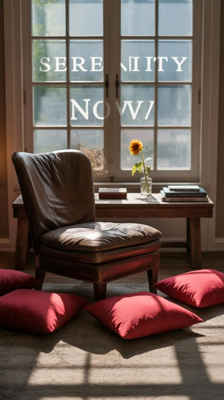 A cozy, sunlit room features a dark brown leather armchair, three red floor cushions, and a small wooden table with books and a sunflower in a vase, a
