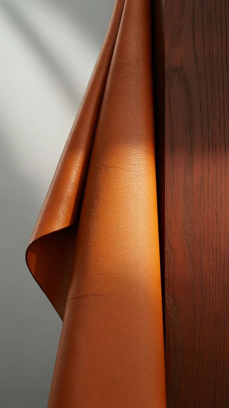 A rich, reddish-brown piece of leather fabric drapes artfully, catching sunlight, against a dark wooden surface.