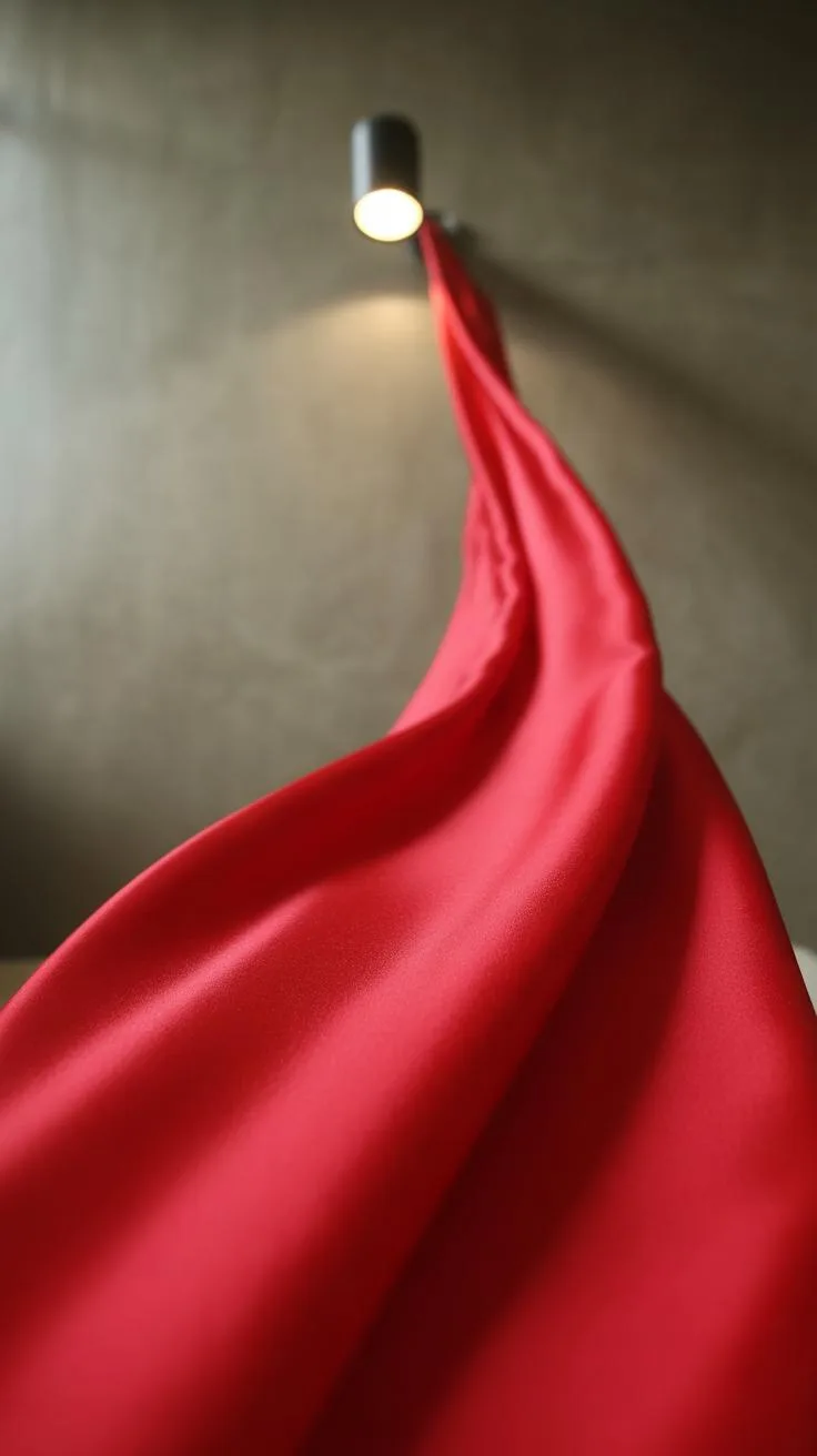 A vibrant red curtain billows upwards towards a wall-mounted light fixture, casting a warm glow on the fabric and the muted wall behind it.