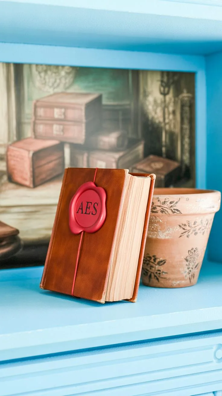 A brown faux-leather book with a red wax seal featuring the letters "AES" sits upright on a light blue shelf next to a terracotta pot with a floral de