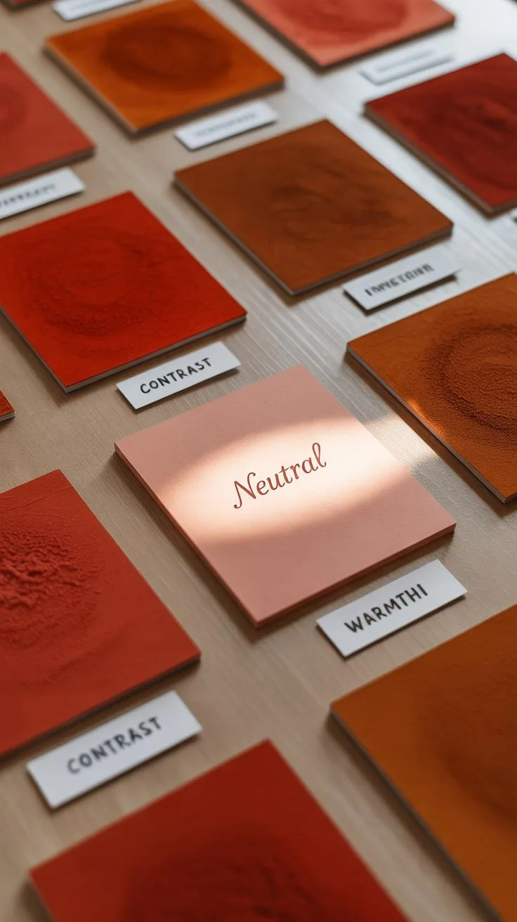 A close-up, angled view of numerous square-shaped swatches in various shades of red, orange, and brown, arranged on a light-colored surface, some with