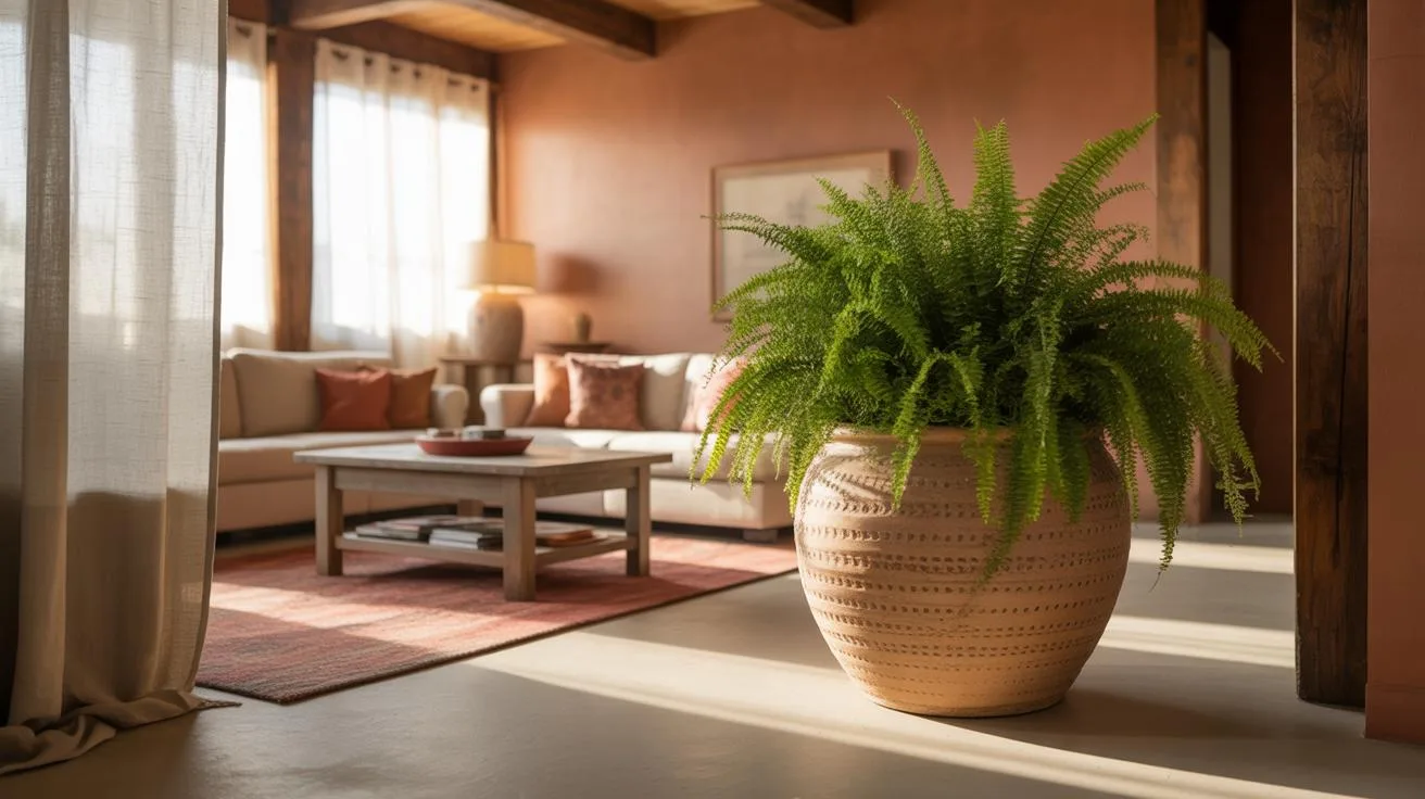 A large potted Boston fern sits prominently in the sunlit foreground of a rustic living room with earthy tones, while a sofa, coffee table, and window