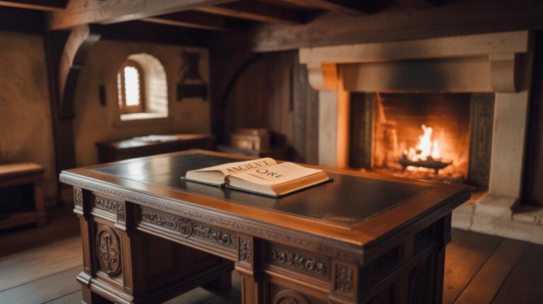 A large wooden desk with an open book sits in front of a lit fireplace in a cozy, rustic room with wood paneling and a small arched window.