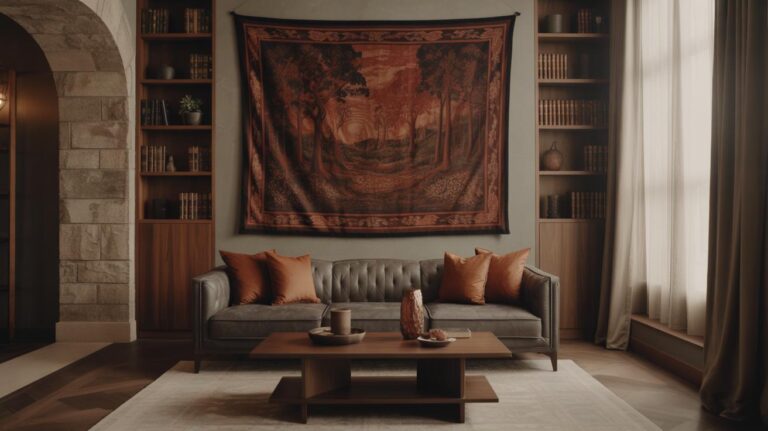 A cozy living room with a gray tufted sofa, brown cushions, a wooden coffee table, and a large tapestry showing a forest scene hanging on the wall, flanked by shelves filled with books. Sunlight filters through tall curtains.