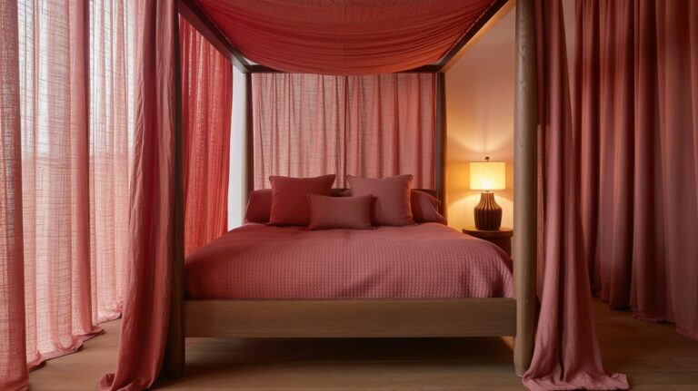 A cozy bedroom with a wooden four-poster bed draped in sheer pink curtains and matching pink bedding. A warm lamp on a bedside table softly lights the room, complementing the pink tones.