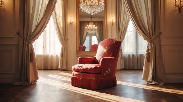 A luxurious red armchair with floral patterns sits in the center of an elegant room, surrounded by tall windows with draped curtains, a chandelier, and a large mirror reflecting natural light.