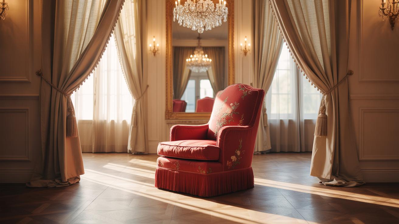 A luxurious red armchair with floral patterns sits in the center of an elegant room, surrounded by tall windows with draped curtains, a chandelier, and a large mirror reflecting natural light.