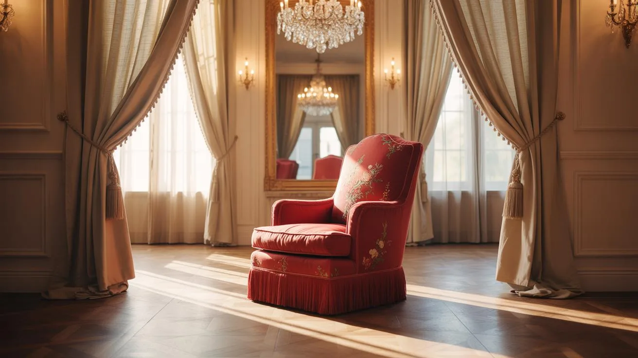 A luxurious red armchair with floral patterns sits in the center of an elegant room, surrounded by tall windows with draped curtains, a chandelier, and a large mirror reflecting natural light.