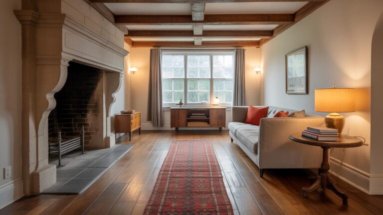 A cozy living room with wooden floors, exposed ceiling beams, a large stone fireplace, a white sofa with orange cushions, a vintage rug, and large windows letting in natural light.