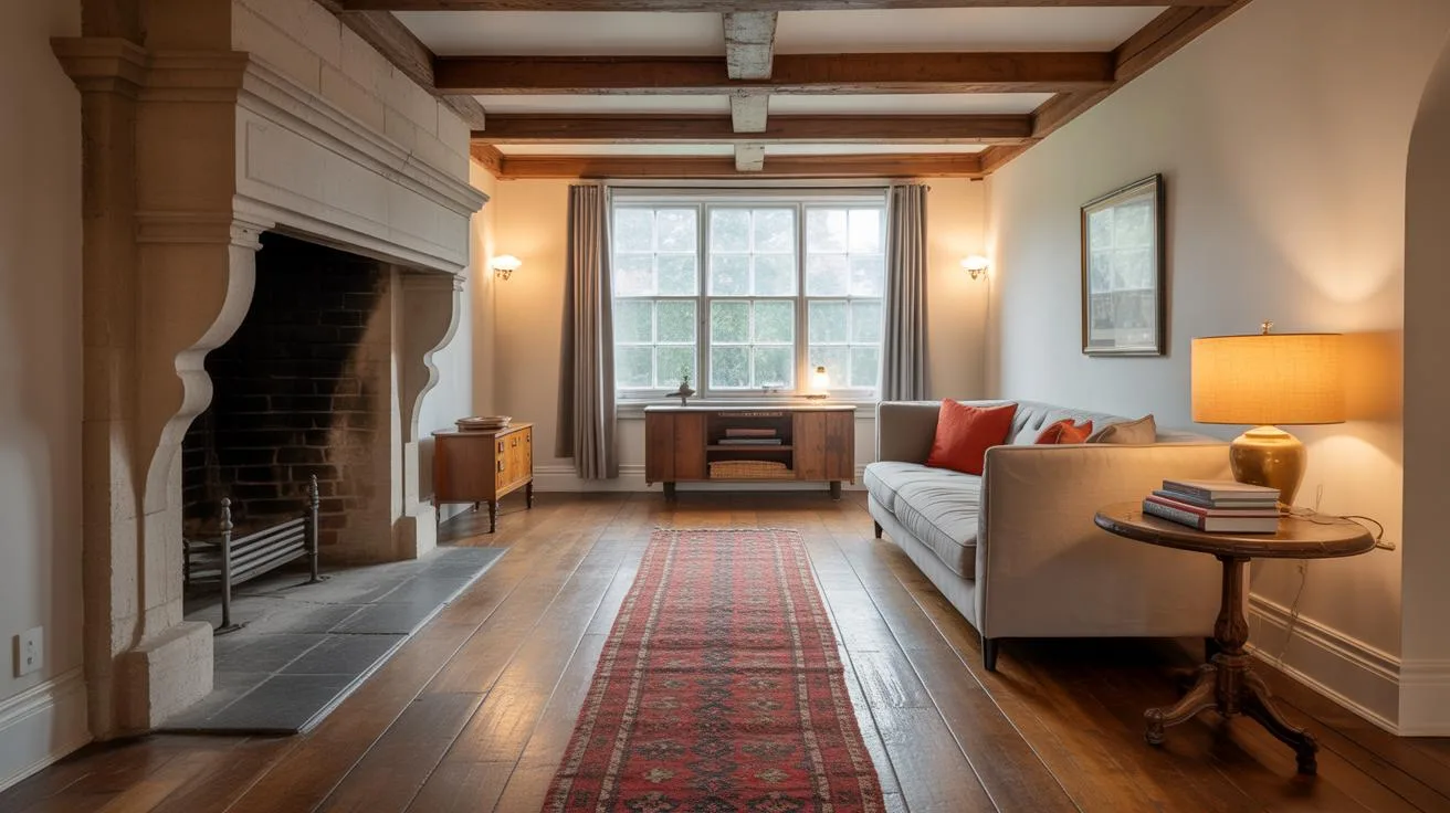 A cozy living room with wooden floors, exposed ceiling beams, a large stone fireplace, a white sofa with orange cushions, a vintage rug, and large windows letting in natural light.