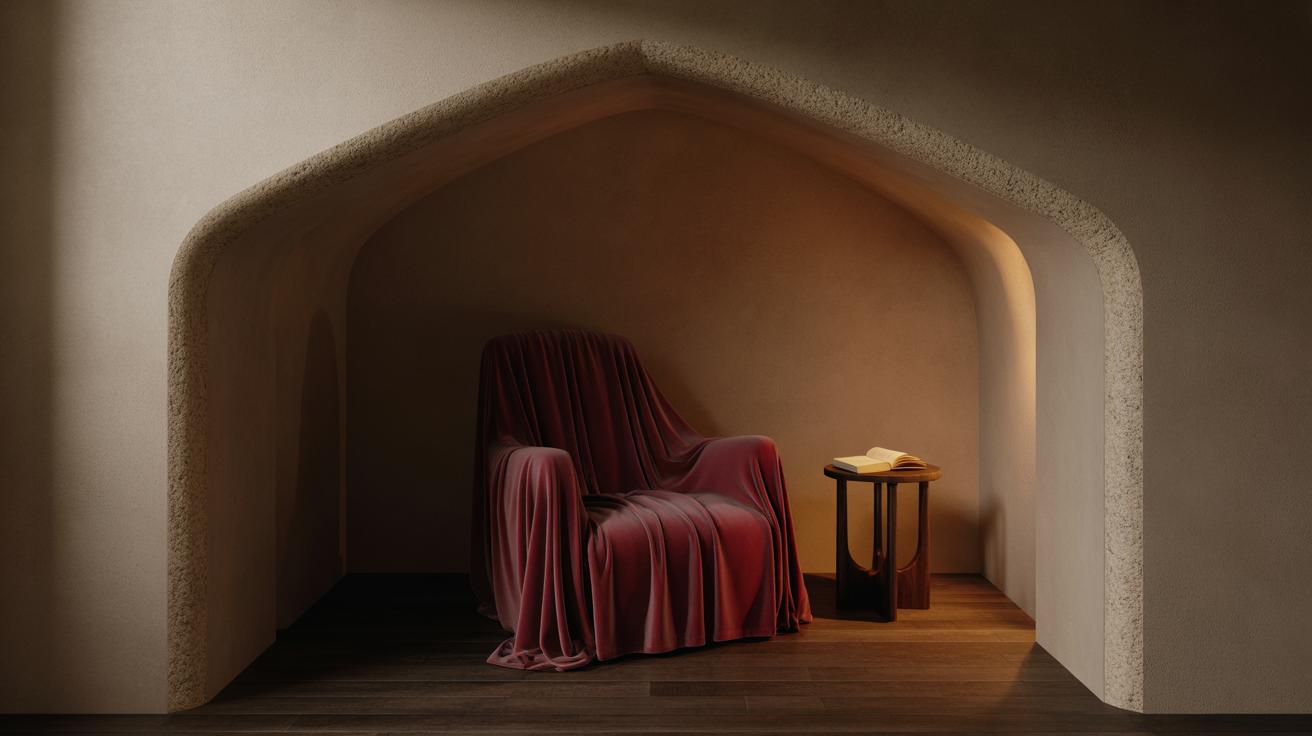 A cozy alcove features an armchair draped in a rich burgundy cloth, accompanied by a small round side table with an open book, all softly lit by warm, ambient lighting.