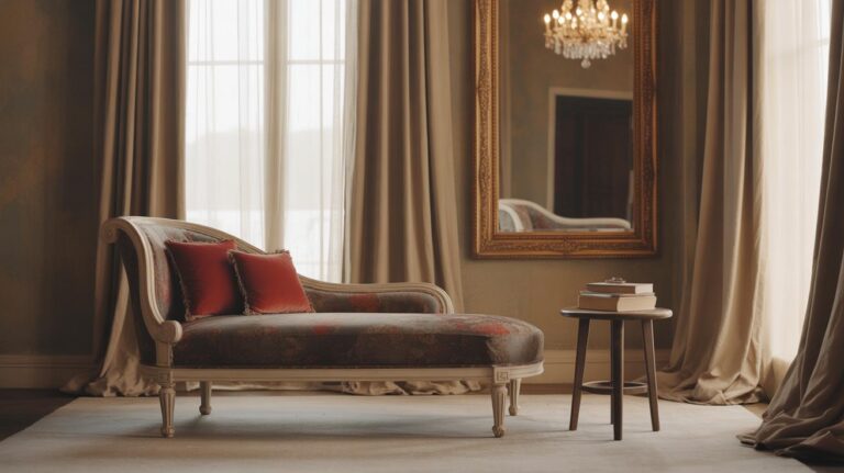 A vintage chaise lounge with red pillows sits beside a small round table with stacked books in an elegant room, featuring tall windows with beige curtains, a large mirror, and a chandelier.