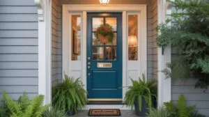 A teal-blue front door with a windowed top half and a gold mail slot, flanked by white sidelights and trim, is adorned with a green wreath and two pot