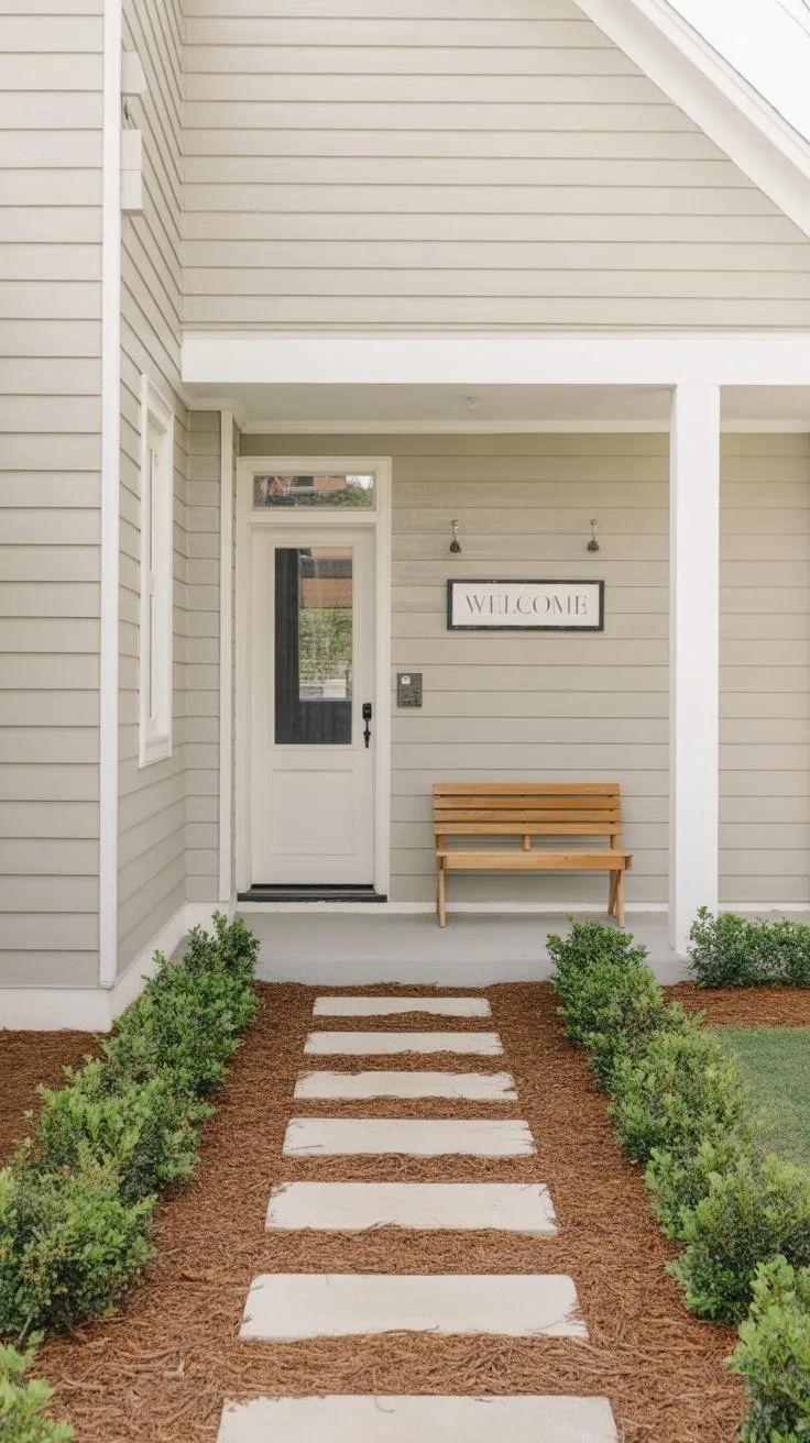 A light grey house with white trim features a front porch with a white door, a wooden bench, and a framed sign, all approached by a stone pathway line