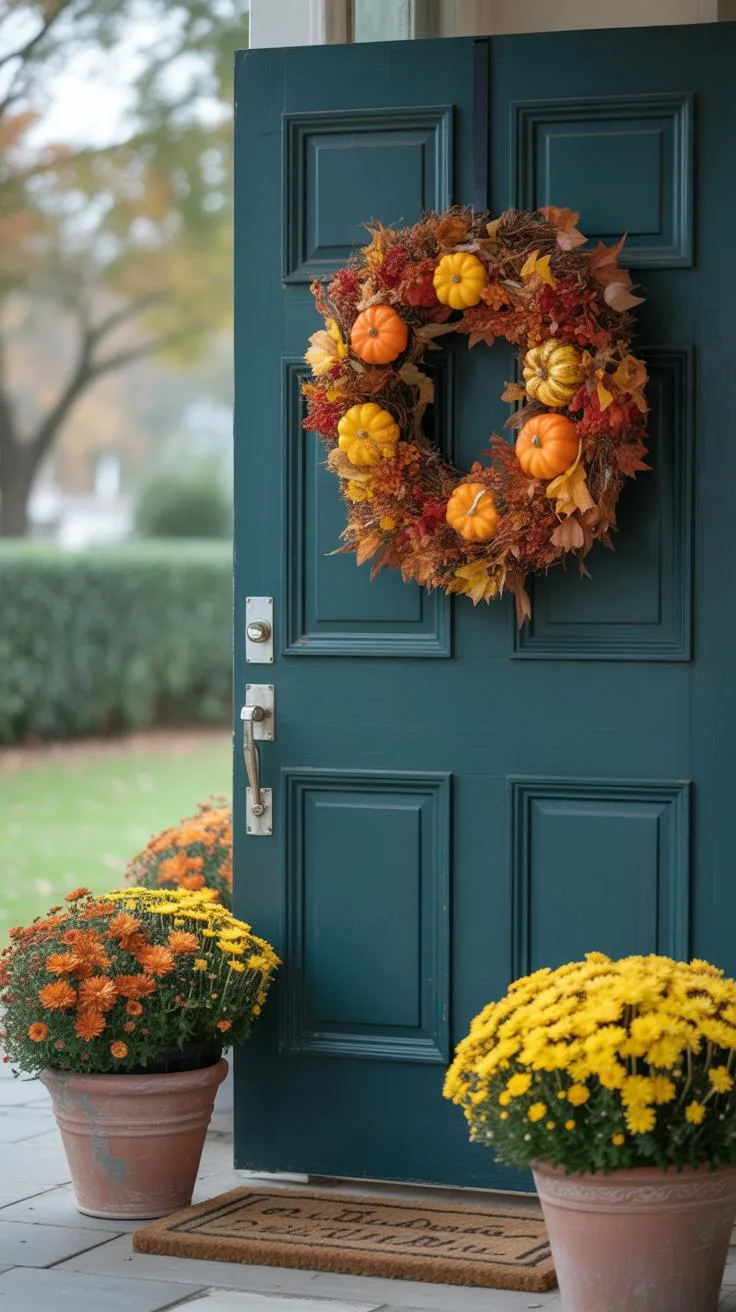 A teal-colored front door with a vibrant fall wreath hangs slightly ajar, revealing a glimpse of an outdoor setting, flanked by two pots of colorful m