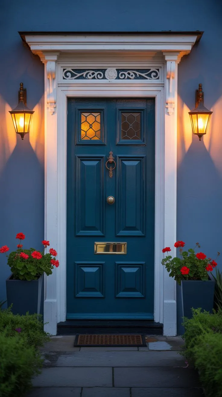 A vibrant teal blue wooden front door with a brass knocker and mail slot is centered in a white ornate frame, flanked by two glowing brass lanterns ag