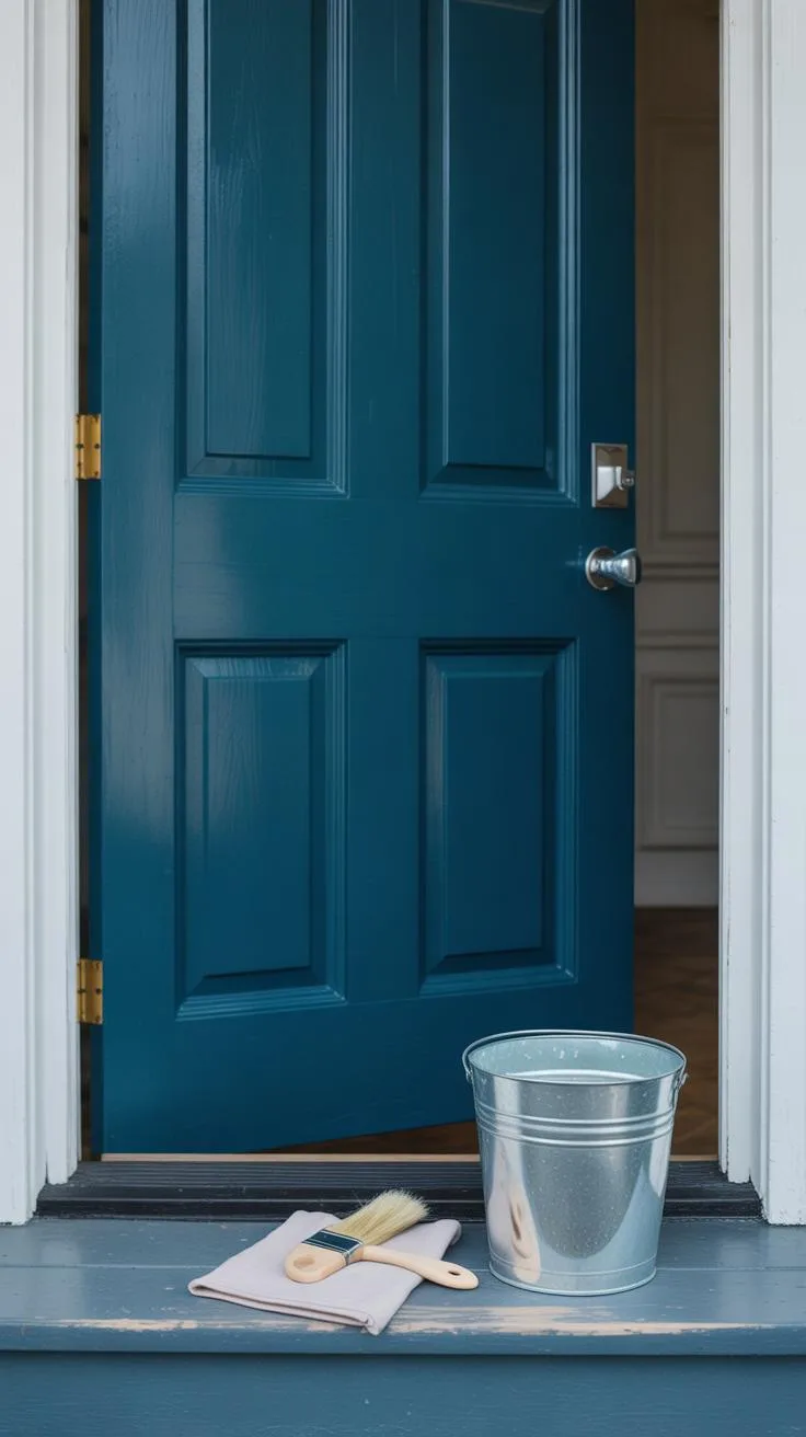 A partially open teal front door with white trim is visible, with a silver bucket, a paint roller, and a drop cloth on the porch step below.