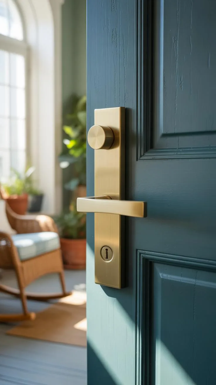 An open dark teal door with a modern brass handle and lock, revealing a sunlit room with a wicker rocking chair and green plants near a window.