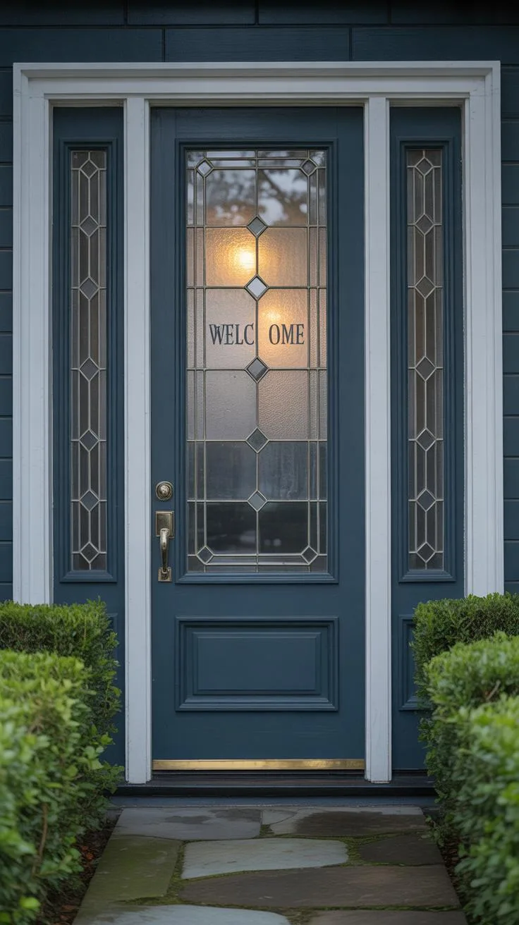 A dark teal blue wooden front door with a decorative glass panel etched with 'WELCOME' is centered between two narrow glass sidelights, framed by whit