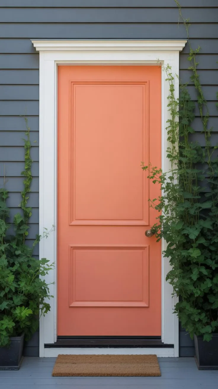 A vibrant coral-colored front door with white trim is set against dark gray siding, flanked by green climbing plants in dark pots.