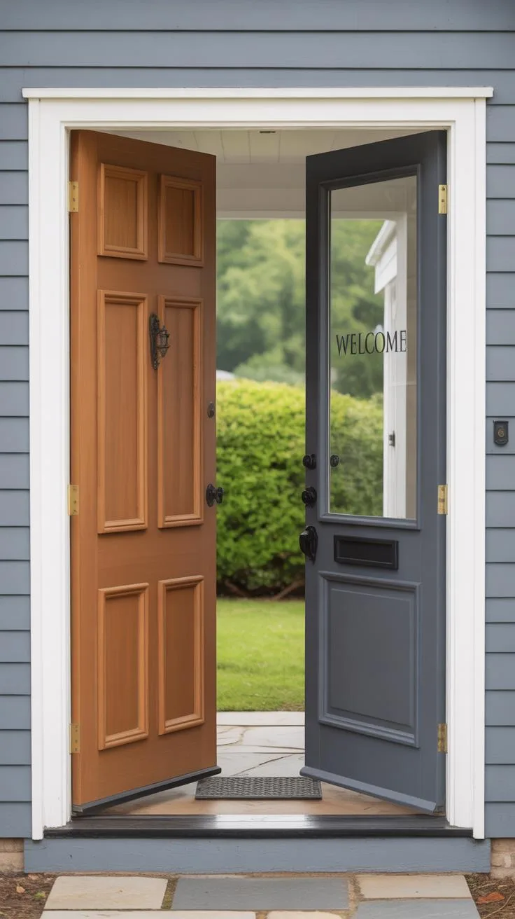 Two open doors, one brown and paneled, the other gray with a glass top and mail slot, reveal a green lawn and bushes through the doorway of a house wi