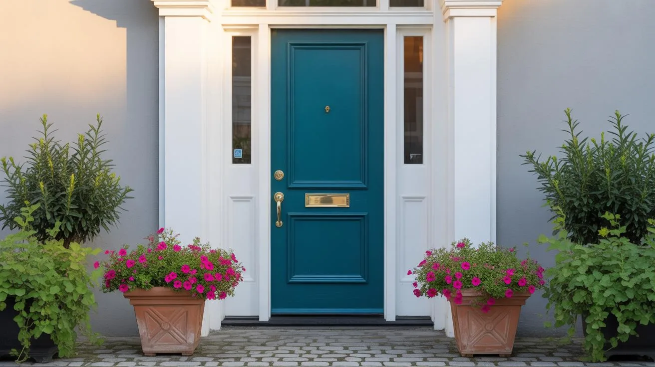 A vibrant teal front door with white trim, flanked by potted pink flowers and green bushes, stands centered on a light-colored building with cobblesto