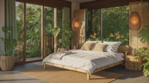 A serene bedroom featuring a low bamboo bed with white and beige bedding, surrounded by large windows that offer views of lush green tropical foliage.