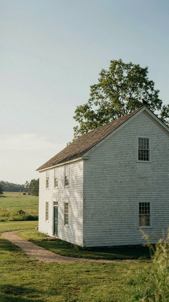 A plain 1820s new england farmhouse with simple white clapboard and minimal trim.