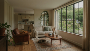 A warm and inviting 800 square foot cottage interior with large windows and an open plan.