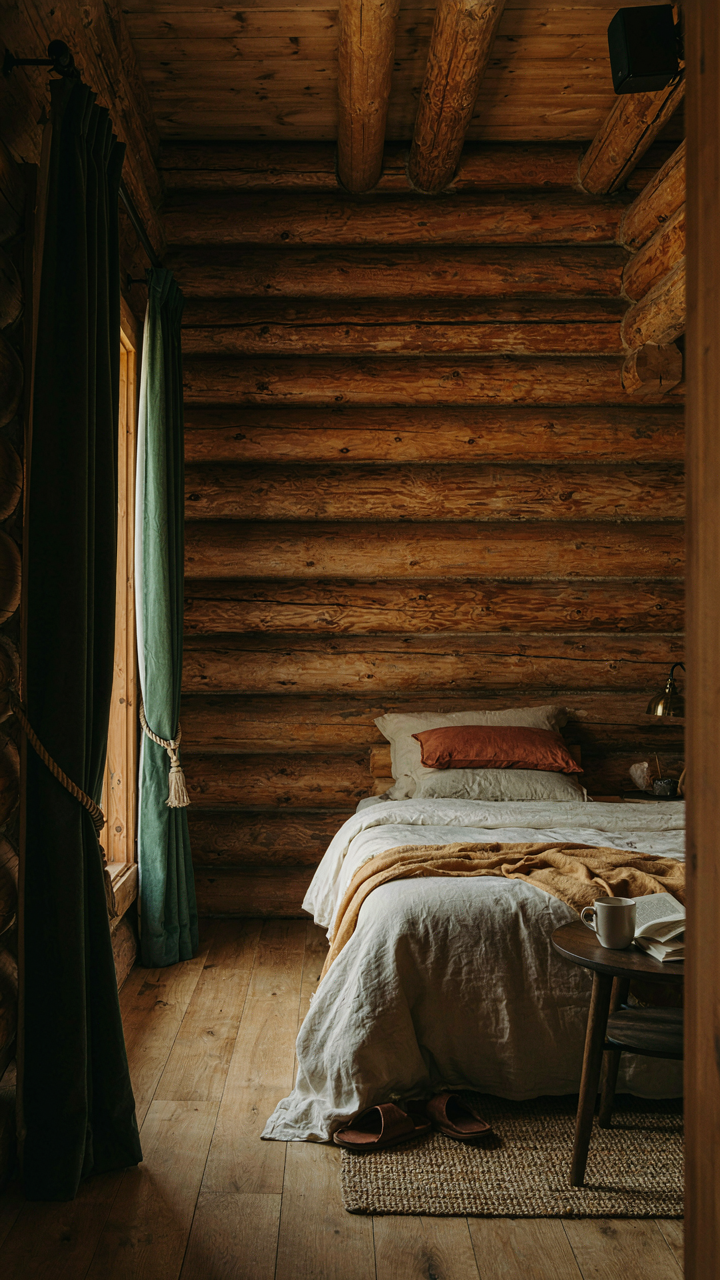A log cabin bedroom with thick walls, a small speaker, and light-blocking curtains.