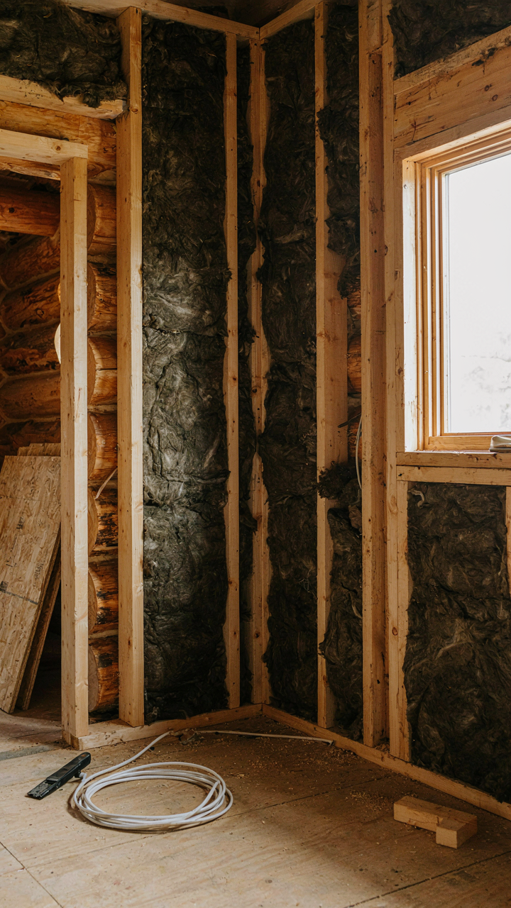 Mineral wool insulation between wall studs in a log cabin bedroom.