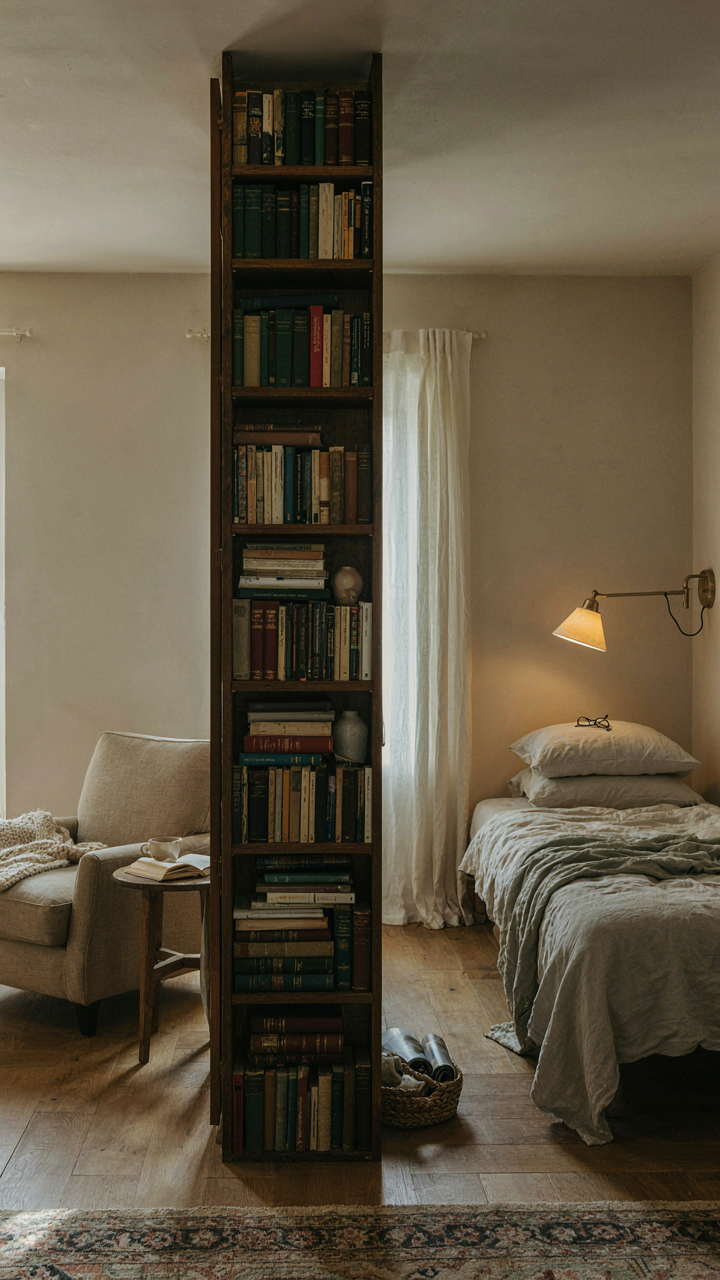A tall bookshelf acts as a visual barrier in a small cottage loft.
