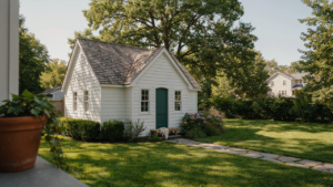 A charming adu cottage with a small landscaped yard in a suburban setting.