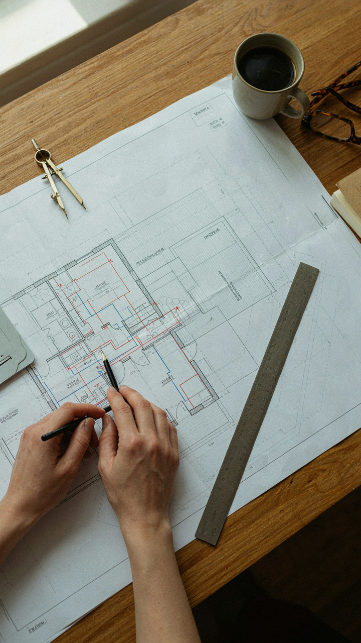 Architectural blueprints for an adu cottage, showing plumbing and electrical overlays.