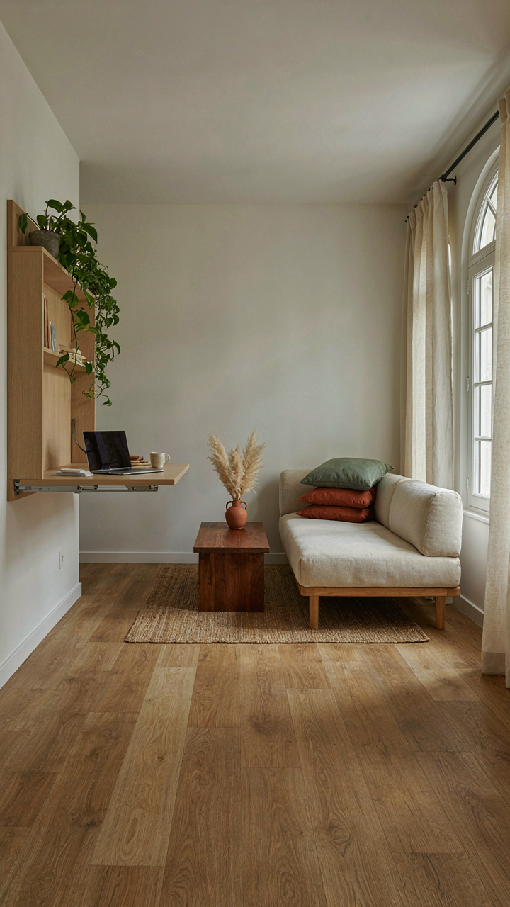 A versatile adu cottage interior with a murphy wall desk and sofa bed.