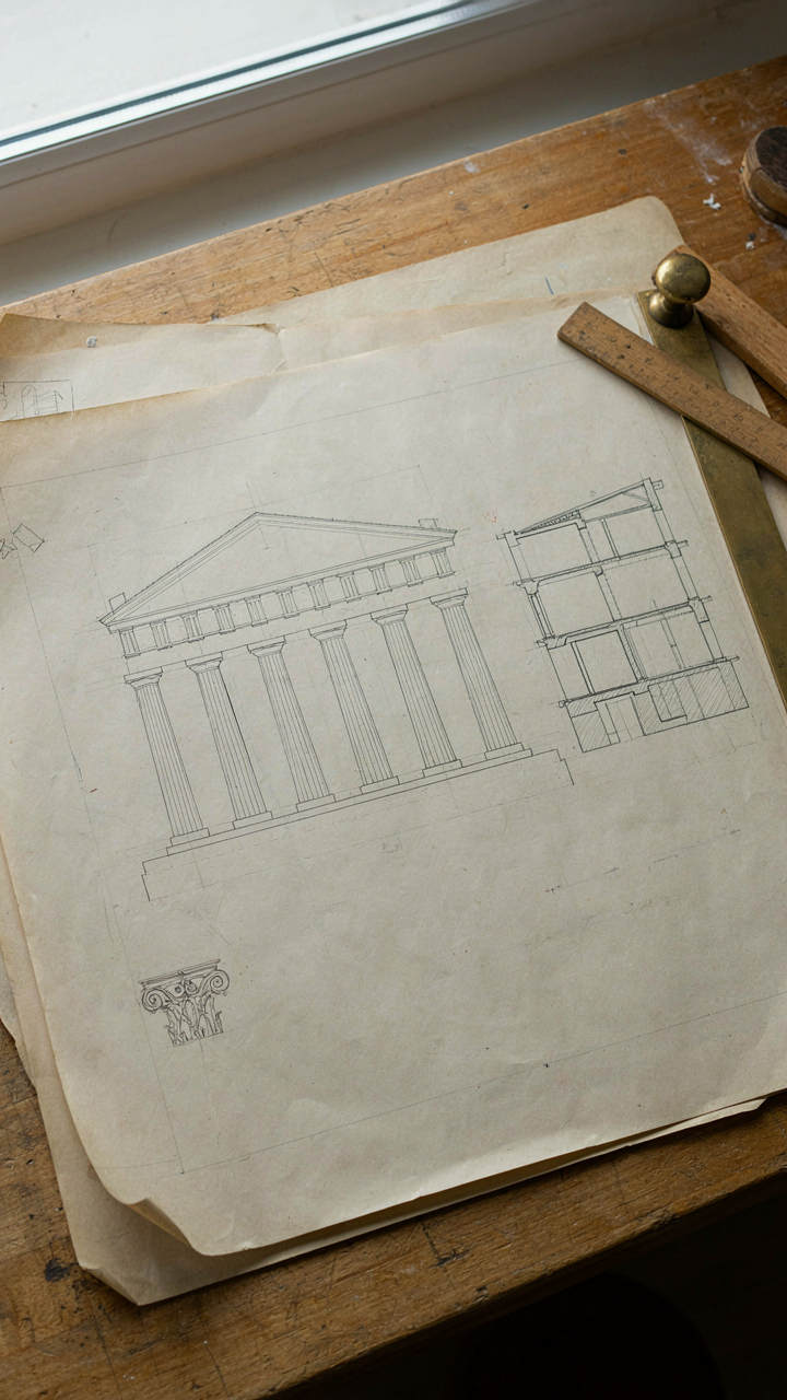 An old architect's drawing showing precise geometric shapes and building structures.