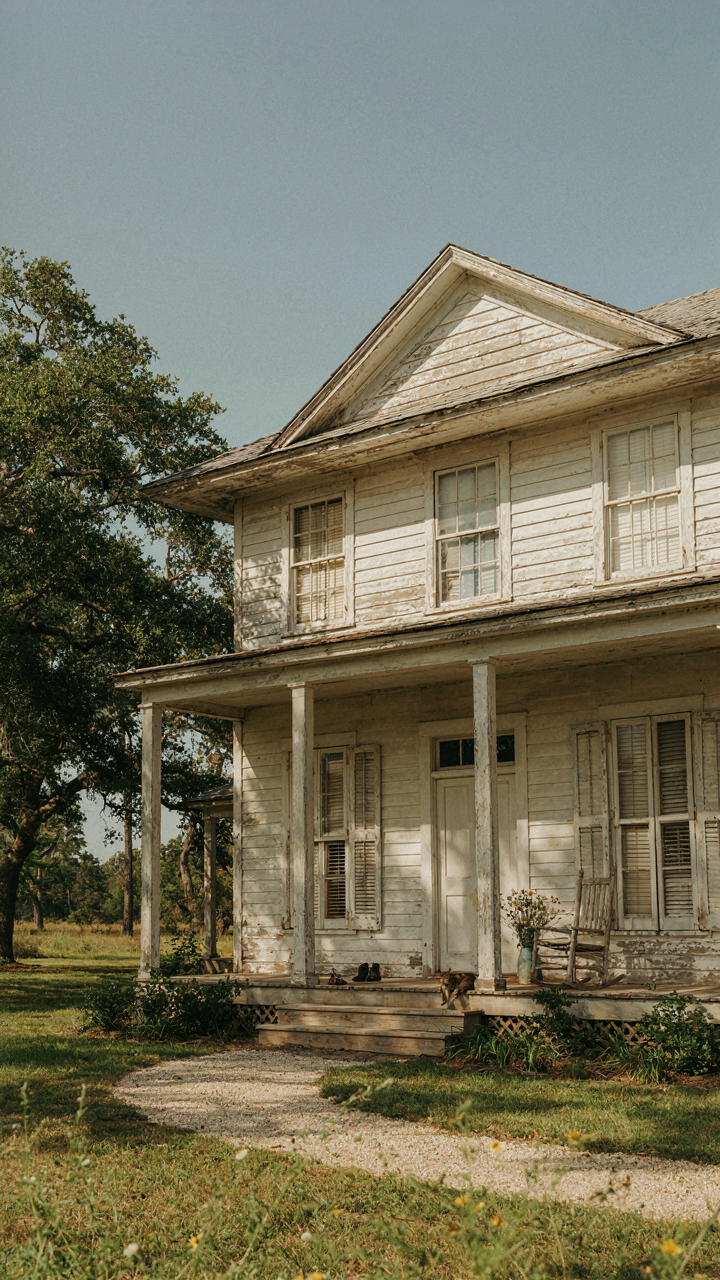 Old southern farmhouse with a deep shaded porch, built for climate.