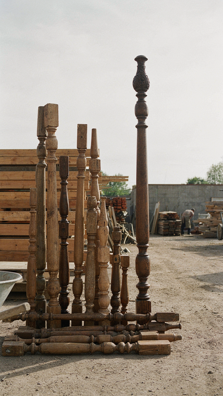 Reclaimed antique wooden balusters and a newel post at a salvage yard.